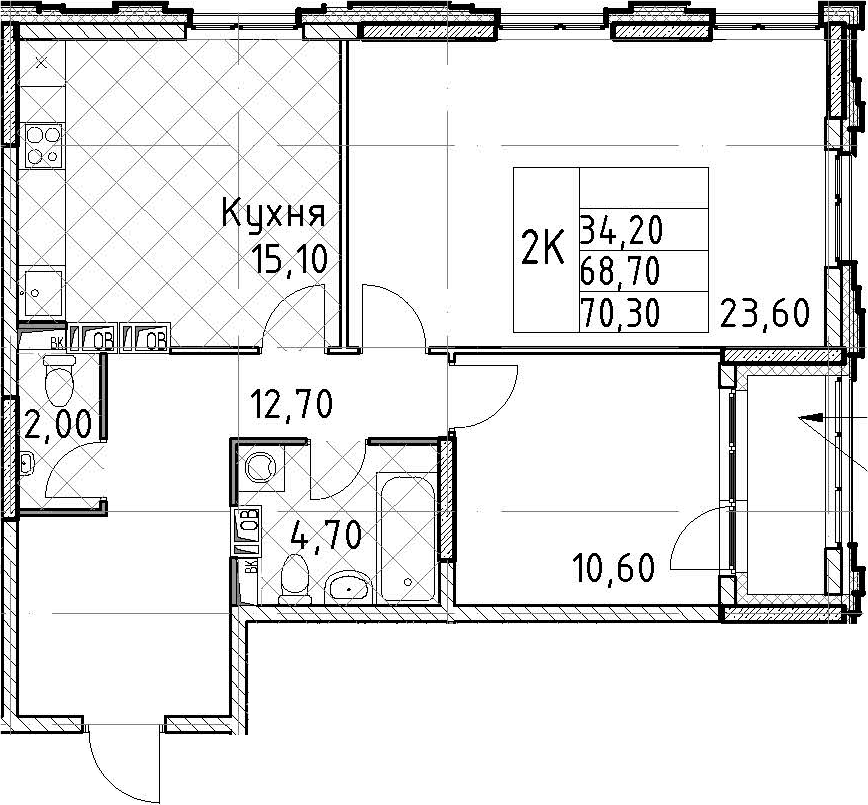 2-комнатная квартира 70.3 м², 9/13 эт., ЖК «Тайм Сквер»